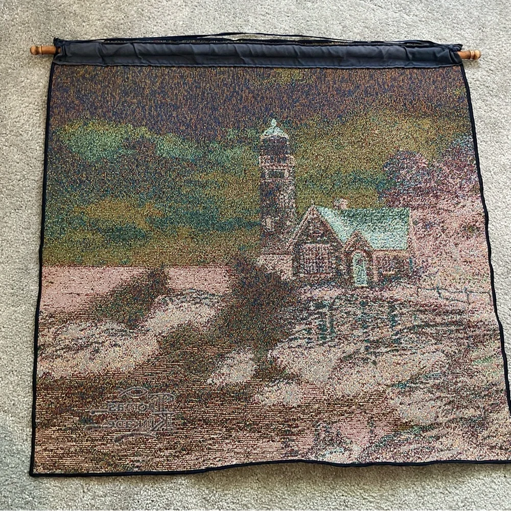 Thomas Kincaid tapestry 26”x 26”. Great colors with Dow rod to hang.